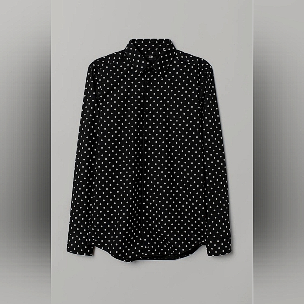 H&M Long Sleeve Blouse Navy Blue With White Polka Dots
